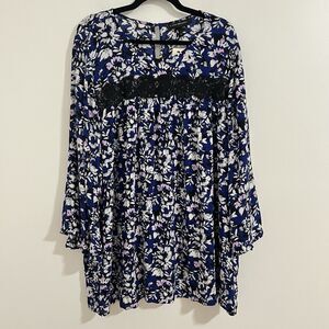 Lane Bryant Flowy Blouse Size 18 Plus Blue Floral Peasant Bohemian Modest Top